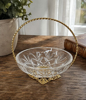 Vintage Cut Glass Basket Gold Tone Filigree Handle Candy Dish Vanity Decor